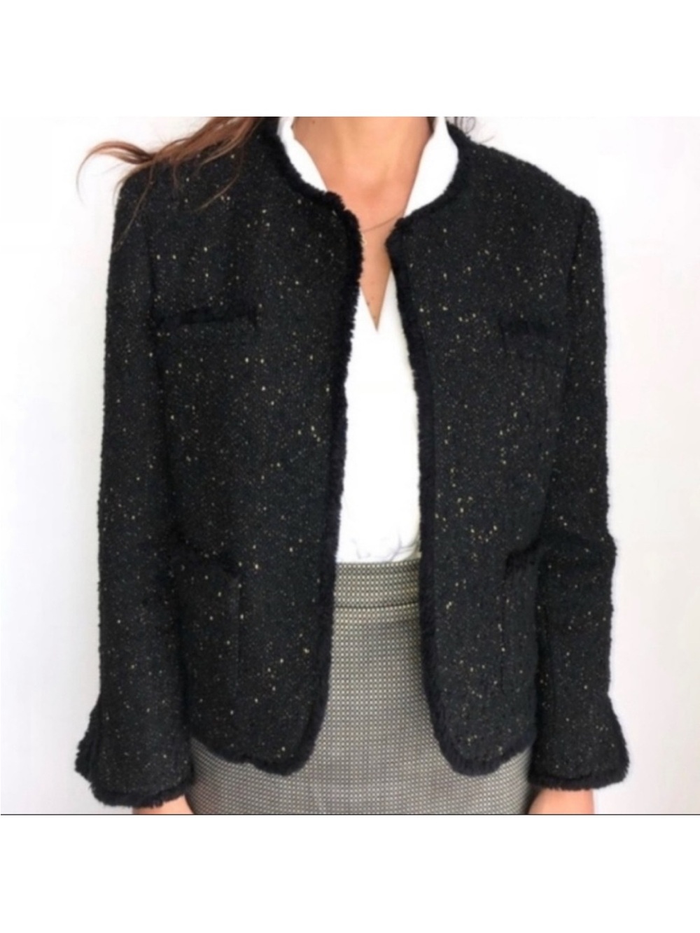 Ann Taylor Tweed Black Lady Jacket 4 Fringe